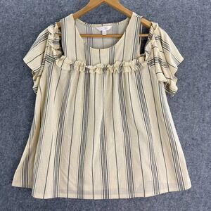 LC Lauren‎ Conrad Blouse Womens L Top Beige Ruffle Black Stripes Cold Shoulder